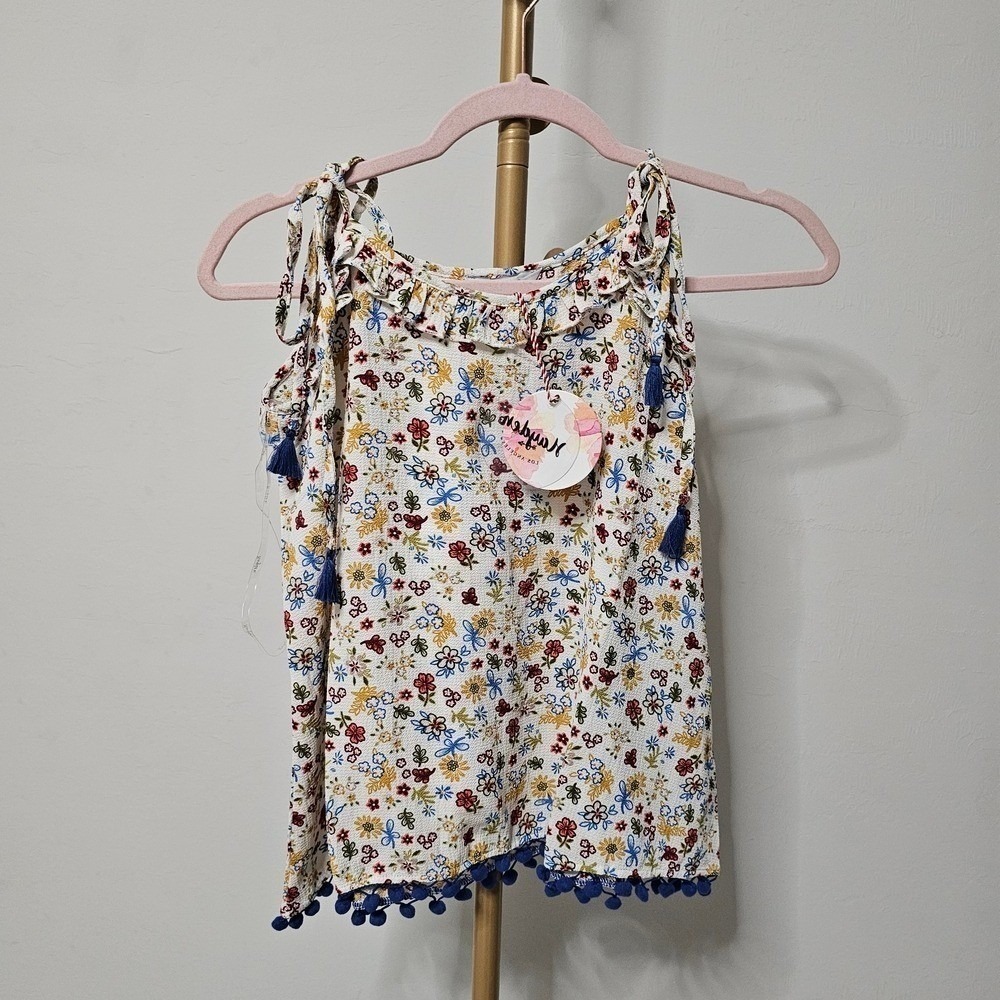 Hayden Los Angeles Floral Tie Strap‎ Tank Top Blue Tassel Pom Pom Hem NWT Small - Picture 8 of 9